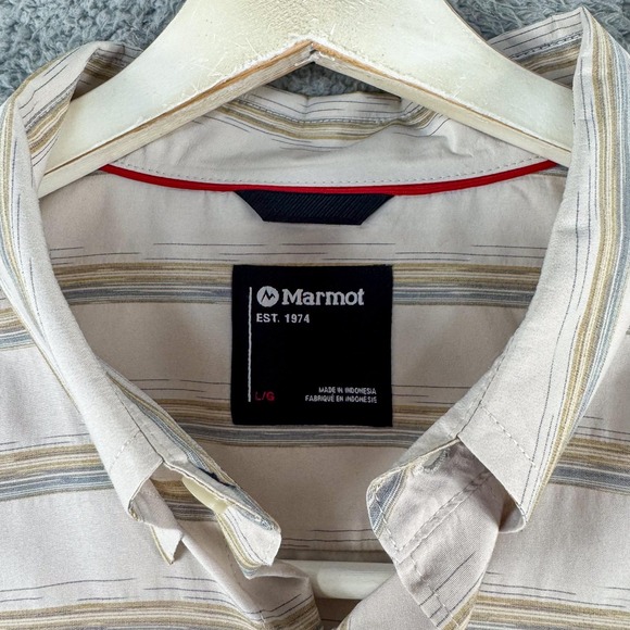 Marmot Shirt Mens Large Beige Tan Striped Button Up Short Sleeve Outdoor N41910‎ - Picture 4 of 13